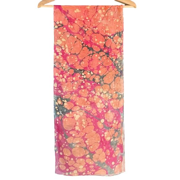 Exquisite Water Marbled Silk Chiffon Scarf in Orange Pink Gray Gold 12.25"x59.5" - Picture 2 of 6